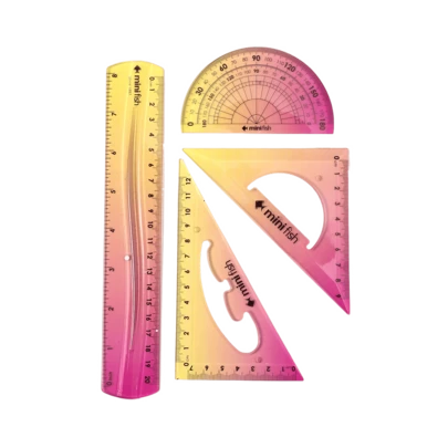 4件套20厘米软尺套装，包含测量尺、直角三角尺、等腰三角尺和量角器，渐变色设计，长度单位为厘米和英寸，适合办公室、学生和学校使用。