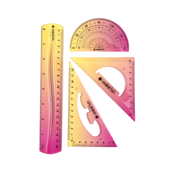 4件套20厘米软尺套装，包含测量尺、直角三角尺、等腰三角尺和量角器，渐变色设计，长度单位为厘米和英寸，适合办公室、学生和学校使用。