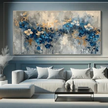 1 pièce Grande canevas d'art mural - Conception florale abstraite élégante bleue et dorée, décoration murale aquarelle moderne pour salon et chambre à coucher, décoration de chambre esthétique, affiche vintage, avec ou sans cadre, décoration de dortoir universitaire et appartement, cadeaux pour décoration murale dans l'hôtel, la maison, le salon, la chambre à coucher, la salle de bain et le bureau