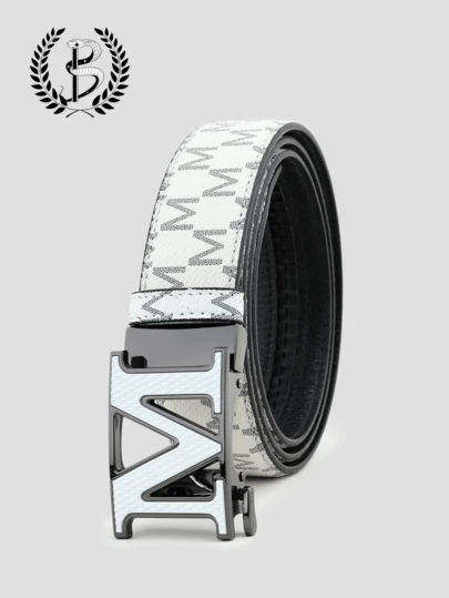 1pc New Men's Fashion Belt, Letter M Element Decorative Men's Leather Belt, Quality Alloy Automatic Buckle, Printed Letter Design, Versatile Summer, School Casual, Business, Boyfriend Husband Father Dad Men Gift, Daily Wear, Fashion, Teen, Outdoor, Vacation, Athletic, Travel, Street, Boho, Vintage Fall, Autumn, Halloween Autumn-Winter Accessories,Suitable For Teens, Youth,Men,Casual, Outdoor, Athletic, Vacation, Graduation Gifts, Birthday, Daily Wear