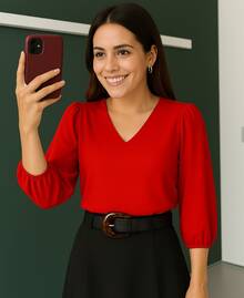 Women's Crepe Duna Blouse With 3/4 Puff Sleeve Plus Size And Slim - Đỏ - Xem 5