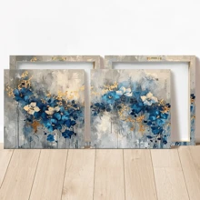 1 pièce Grande canevas d'art mural - Conception florale abstraite élégante bleue et dorée, décoration murale aquarelle moderne pour salon et chambre à coucher, décoration de chambre esthétique, affiche vintage, avec ou sans cadre, décoration de dortoir universitaire et appartement, cadeaux pour décoration murale dans l'hôtel, la maison, le salon, la chambre à coucher, la salle de bain et le bureau