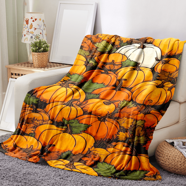 Couverture en flanelle motif citrouille d'automne - douce, moelleuse, confortable, jeté moelleux pour canapé toutes saisons, motif de citrouille récoltée pour la décoration d'Halloween, parfait pour la décoration intérieure, couverture d'Halloween, étole