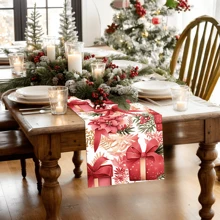 1pc/270pcs Christmas Table Runner, Pink Gift Box Berry Design, Polyester Material, 30x180cm, Winter Christmas Home Party Gathering, Restaurant Living Room Table Center Decor, Indoor Outdoor Dining Table Center Decor, Room Decor, Home Decor, Kitchen, Decorative Style, Kitchen Decor, Room Decor, Christmas Decor, Living Room Decor