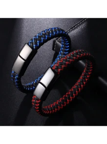 经典简约男士皮革手链，朋克皮革腕带，钛钢编织皮绳