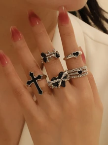 5er Set Vintage Schwarz Herz & Kreuz Strass Eingelegt Verstellbare Solitärring Set, Geeignet als Urlaubsgeschenk