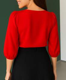 Women's Crepe Duna Blouse With 3/4 Puff Sleeve Plus Size And Slim - Đỏ - Xem 7