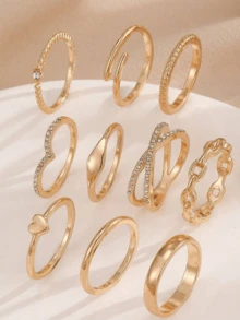 10 件/套独特简约十字交叉水钻戒指，时尚百搭女士戒指套装