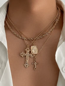 3/2 件简约不锈钢十字架项链套装，男士，链，扭链，简约项链，适合休闲装、街头装、男友生日礼物