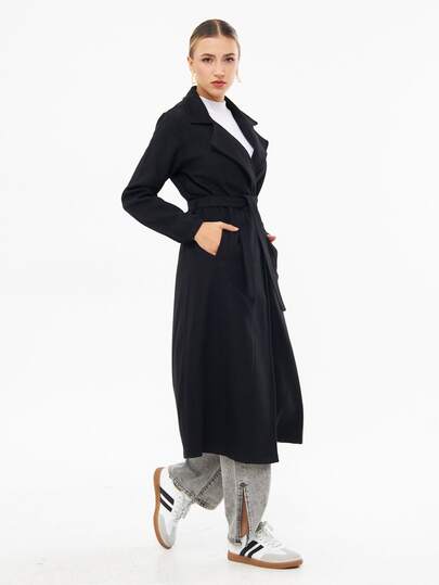 OYGA Women's Black Wool Coat – Unlined, Belted Waist, Lightweight Mid-Season Outerwear