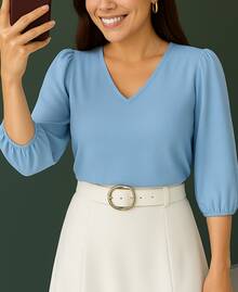 Women's Crepe Duna Blouse With 3/4 Puff Sleeve Plus Size And Slim - Màu xanh nhạt - Xem 7