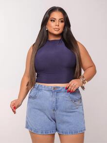 Women's Plus Size Jean Shorts Light Blue Jeans High Waist 100% Cotton - Màu xanh nhạt - Xem 3