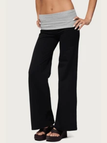 Women Fold Over Yoga Pants Low Rise Solid Color Stretch Casual Straight Wide Leg Palazzo Pants Loose Fit Comfy Flared Leggings Gym Lounge Pants Bootcut Bell Bottoms Baggy Sweatpants Teen Girl Back To School Bottoms Y2k Streetwear - 黑灰色 - 查看 3