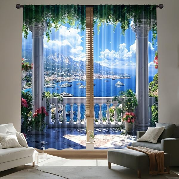 2 Pc, Universal Curtains For All Seasons, Featuring A Seaside Town Landscape Design, Made From Machine Washable Fabric, Suitable For Bedroom, Office, Kitchen, Living Room Home Decor, Artistic Aesthetic Room Decoration, (Rod Not Included)