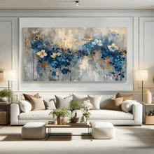 1 pièce Grande canevas d'art mural - Conception florale abstraite élégante bleue et dorée, décoration murale aquarelle moderne pour salon et chambre à coucher, décoration de chambre esthétique, affiche vintage, avec ou sans cadre, décoration de dortoir universitaire et appartement, cadeaux pour décoration murale dans l'hôtel, la maison, le salon, la chambre à coucher, la salle de bain et le bureau