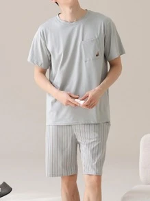 AICJ Set de 2 piezas de pijama casual de hombre con pantalón corto a cuadros y camiseta de manga corta de unicolor holgada y sencilla, para primavera/verano
