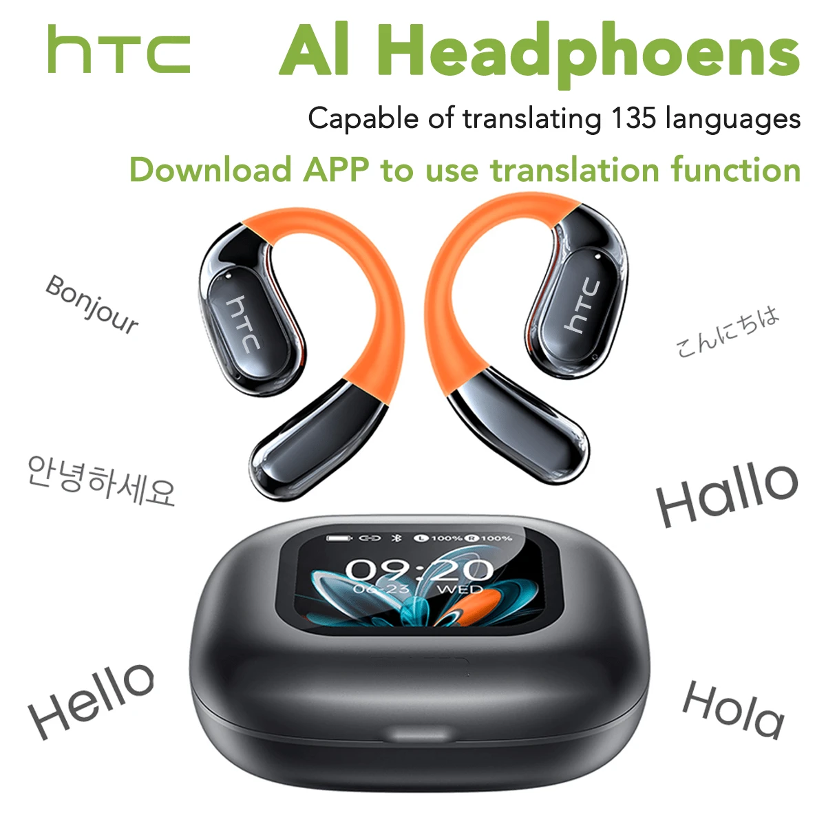 HTC NE27 AI Open Wireless Earbuds With Artificial Intelligence Translation, Bt 6.0, Lcd Touchscreen, Stereo Sound, Long Life, Transparent Case, Noise Cancellation On Calls, 134 Languages Ready To Translate - Black NE27 AI - View 1