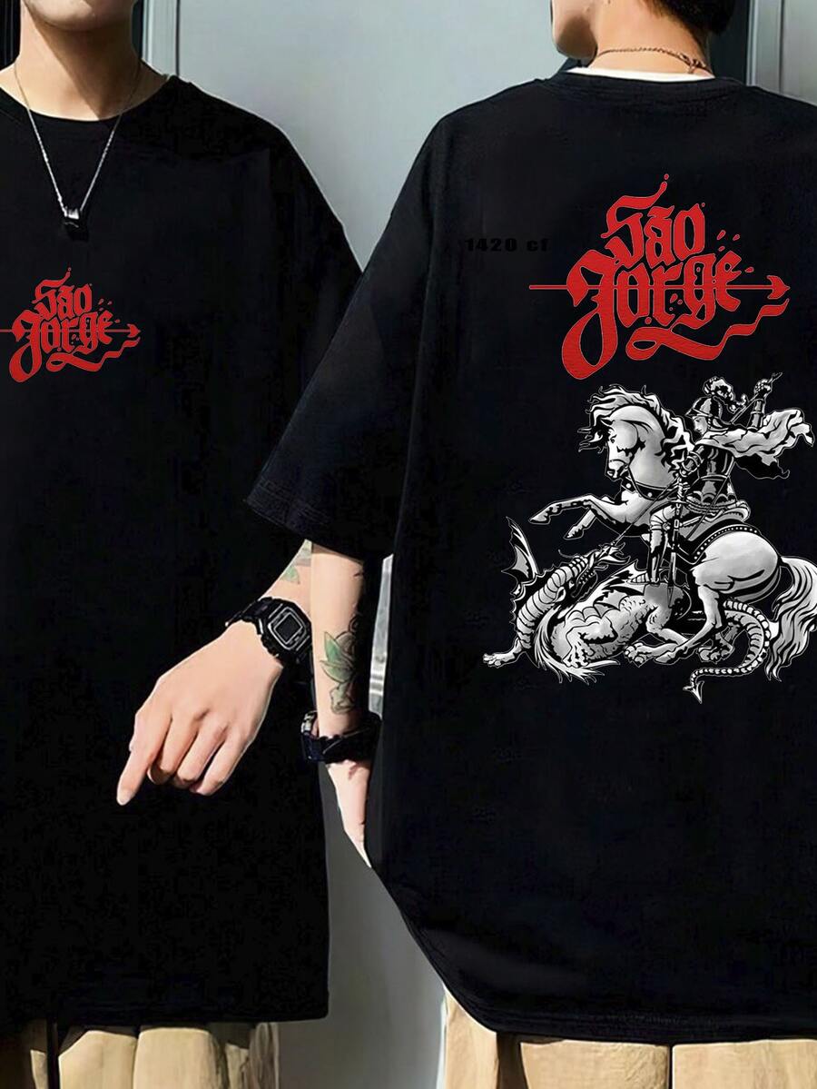 T-Shirt Sao Jorge Da Capadocia Salve Jorge Santo Guerreiro Ogum Masculine Feminine 100% Cotton Thread 30.1 Immediate Shipping - 黑色 - 查看 1