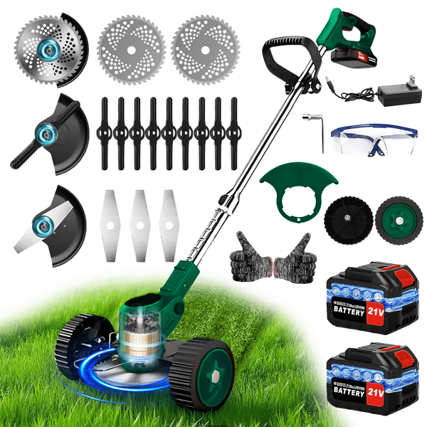 21V Cordless 3-In-1 Weeds Eater - Electric Weeds Wacker With Wheels, Foldable Design, 4 Types Of Blades, And Long-Lasting Battery For Efficient Lawn, Yard, And Garden Trimming