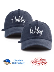 2 Pcs HUBBY WIFEY Print Washed Baseball Cap, Classic Casual Stylish Vintage Soft Sweatband Adjustable Size Lightweight Sun Protection Versatile Vintage Dad Hat, Suitable For Outdoor Sports Daily Wear Party Vacation Perfect Valentine's Day Gift For Parents Grandparents Couples