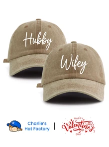 2 Pcs HUBBY WIFEY Print Washed Baseball Cap, Classic Casual Stylish Vintage Soft Sweatband Adjustable Size Lightweight Sun Protection Versatile Vintage Dad Hat, Suitable For Outdoor Sports Daily Wear Party Vacation Perfect Valentine's Day Gift For Parents Grandparents Couples