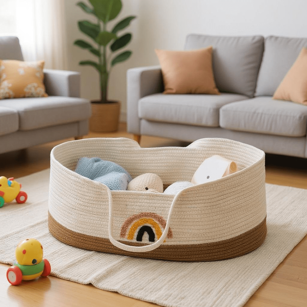 1 pieza Cesta de almacenamiento portátil tejida en el hogar, cesta tejida plegable para bebés, regalos creativos de festival para bebés, cestas de almacenamiento para dormitorio de bebé, para picnic al aire libre