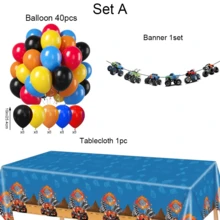 Lebendige Monster Truck Themen Tischdecke, Banner, Monster Truck Dekorationen mit roten, gelben, blauen, orangefarbenen und schwarzen Party-Luftballons für Monster Car Geburtstags-Party, Babyparty, Abschlussfeier Dekorationen - Monster-Truck-Party-Set - Übersicht 3
