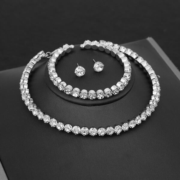4pcs Women Elegant Rhinestone Necklace, Earrings, Bracelet Jewelry Set, Suitable For Wedding, Party, Formal Dresses