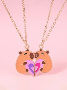 2pcs Cute Capybara Heart Shaped DIY Jewelry Set, Fashionable Best Friend/Girlfriend Gift, Necklaces For Girls, Party, Birthday, Music Festival - Multicolor - View 6