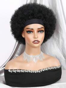 African Headband Wig, Short Curly African Wig, Women's Natural Black Glueless African Wig With Headband, African Curly Wig With Headband, Synthetic African Headwrap Wig, Women's African Wig - Black - View 4