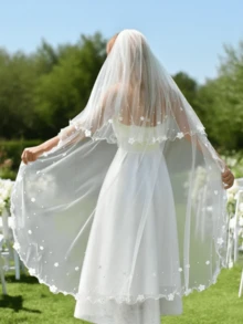 1 件双层仿珍珠花新娘头纱，华尔兹长度，适合婚礼仪式、婚纱摄影，带发梳 - V217 - 查看 2