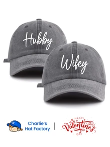 2 Pcs HUBBY WIFEY Print Washed Baseball Cap, Classic Casual Stylish Vintage Soft Sweatband Adjustable Size Lightweight Sun Protection Versatile Vintage Dad Hat, Suitable For Outdoor Sports Daily Wear Party Vacation Perfect Valentine's Day Gift For Parents Grandparents Couples