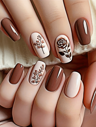 Brown Rose Nail Art 24-Piece Set For Pressing Nails