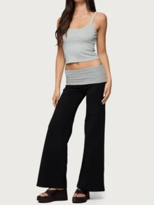 Women Fold Over Yoga Pants Low Rise Solid Color Stretch Casual Straight Wide Leg Palazzo Pants Loose Fit Comfy Flared Leggings Gym Lounge Pants Bootcut Bell Bottoms Baggy Sweatpants Teen Girl Back To School Bottoms Y2k Streetwear - 黑灰色 - 查看 5
