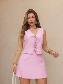 Women's Vest Skirt Shorts Set SP015 - Hồng - Xem 1