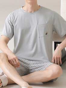 AICJ Set de 2 piezas de pijama casual de hombre con pantalón corto a cuadros y camiseta de manga corta de unicolor holgada y sencilla, para primavera/verano