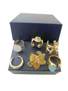 6pcs/Set Baroque Inspired Faux Pearl Flower Ring Set, Vintage Retro Bold Adjustable Cocktail Rings For Women