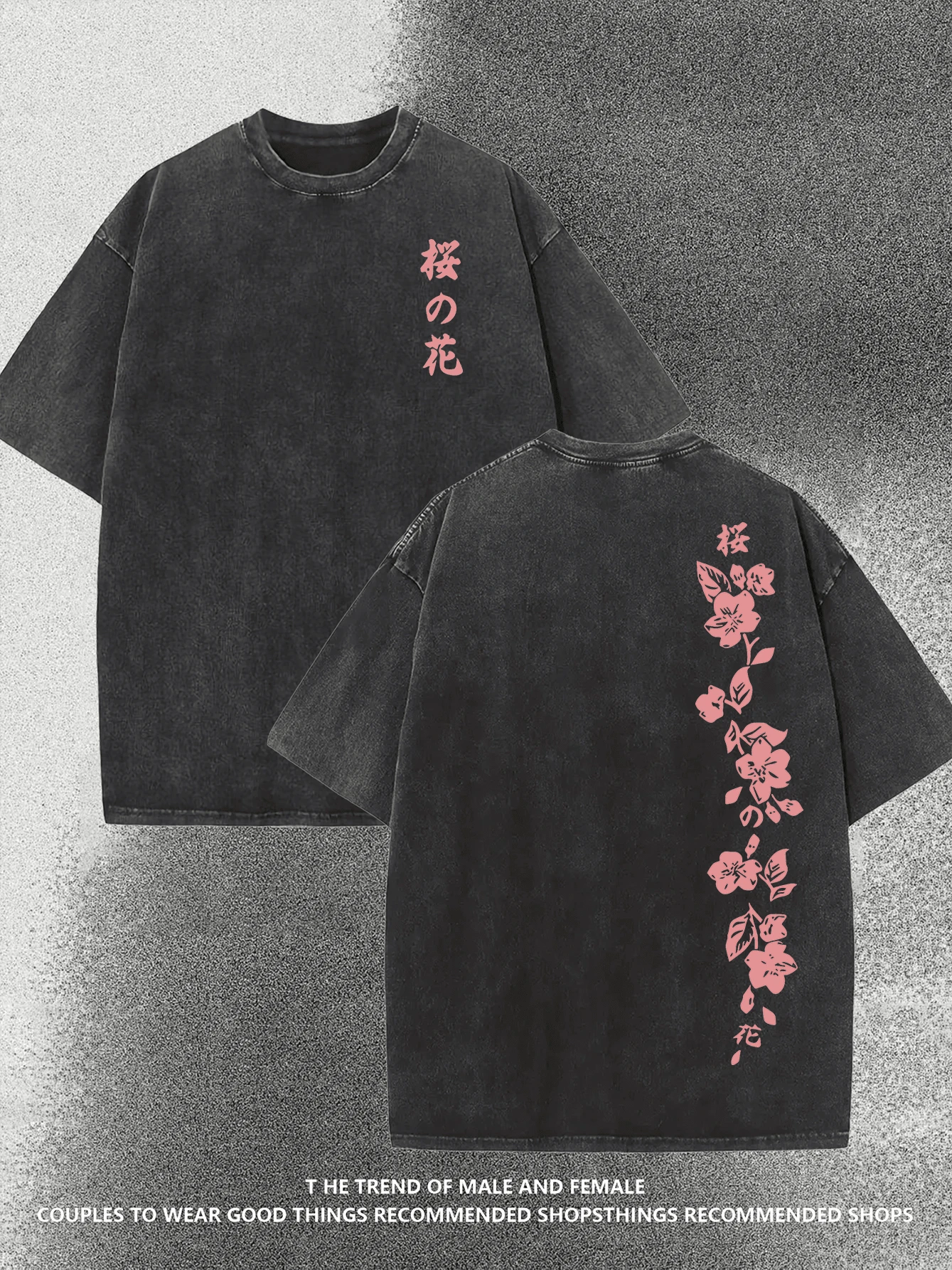 Japanese Cherry Blossom Double-Sided Cherry Blossom Pattern Print. Round Neck Short Sleeve Washed T-Shirt 230g Cotton Double-Sided Washed All-Matching Fashionable Retro Batik High Quality Cotton Short Sleeve Street Retro Loose Casual Hip-Hop Men And Women Comfortable Design Suitable For Outdoor Leisure Activities - 黑色 - 查看 1