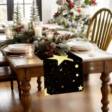 1 pezzo/270 pezzi Runner da tavolo natalizio, sfondo nero con elementi a forma di stella dorata, in materiale di poliestere, 30x180cm, per feste natalizie a casa, ristorante, soggiorno, centrotavola decorativo per tavolo da pranzo interno ed esterno, decorazione per la casa, la cucina, stile decorativo, accessori per la decorazione della stanza, decorazione natalizia, decorazione per il soggiorno - Stelle dorate su sfondo nero - Visualizzare 3