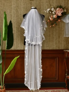 1 件双层仿珍珠花新娘头纱，华尔兹长度，适合婚礼仪式、婚纱摄影，带发梳 - V217 - 查看 3