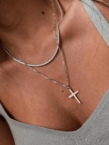 4 件套赛博朋克优雅街头风格仿珍珠彩色水钻心形十字架项链套装，多层吊坠项链时尚配饰女士 - 銀色 - 查看 13