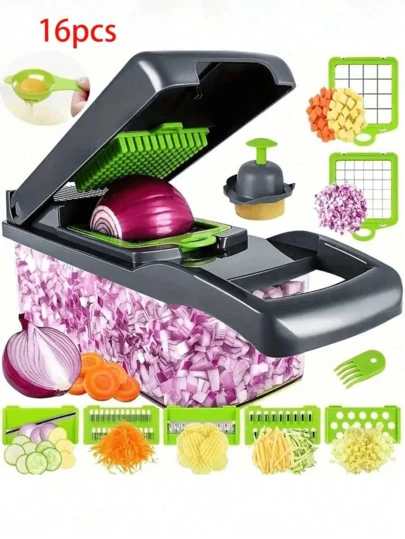 Picadora de verduras, Rallador Cortador, con 5 cuchillas de acero inoxidable, cortador de verduras 16 en 1 con contenedor, cortador, ideal para frutas, verduras y ensaladas