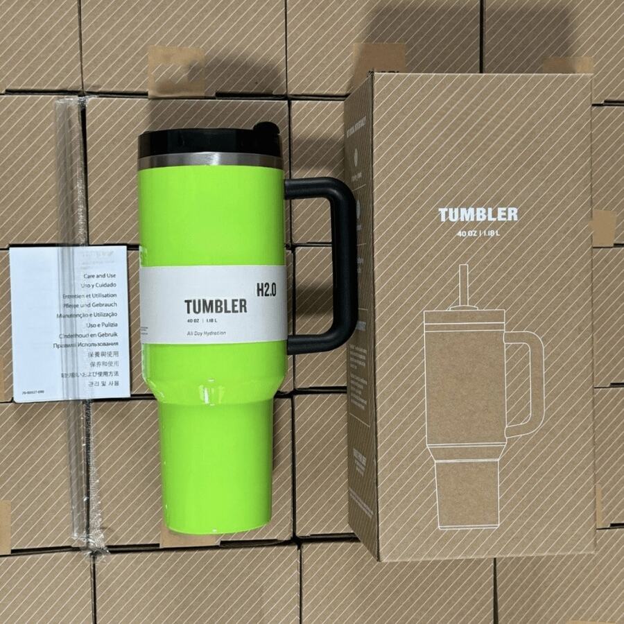 STANLEYSINCE 1913 40 OZStainless Steel Tumbler Double Wall Vacuum Insulated Portable Drinking Cup Travel Lced Coffee Mug  Summer Drinkware With Handle And Straw, Perfect ForTravel, Home, Office, Gift, Lce Drinks And Hot Drinks - Fluorescent Green - View 1