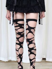 1 Pair Of Y2K Black Over-The-Knee Fishnet Socks For Women, Punk Wind Tunnel Lace-Up Pantyhose, Thin Irregular-Soled Socks Suitable For Those Weighing Under 110 Pounds.
