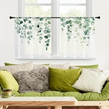 2pcs Nordic Green Foliage Sheer Curtain - Watercolor Leaf Design, Rod Pocket Thin Drapes For Bedroom, Office, Kitchen & Living Room Decor