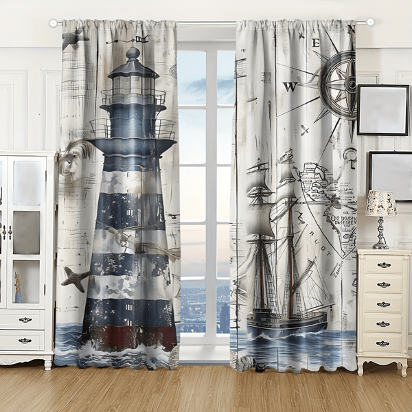 A Pair Of Antique Marine Theme Translucent Curtain Panels-2pcs Marine Sailboat, Seagull, Lighthouse And Compass Printed On Wood Grain Background-Rod Pocket Hanging-Transparent Polyester Curtain For Living Room, Bedroom, Kitchen-Machine Washable