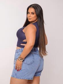 Women's Plus Size Jean Shorts Light Blue Jeans High Waist 100% Cotton - Màu xanh nhạt - Xem 5