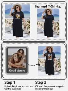 Customized Photo + Text Plus Size Women's Dress, Personalized Photo Printing, Upload Your Funny Image/Pet/Friend Photo Designed On The Front, Plus Size Women's Dress, Customized Birthday/Name/Blessing Text, Plus Size Women's Dress, Birthday/Anniversary/Holiday Pattern Customization, Team Uniform/Outdoor Wear/Class Uniform/Sportswear Customization, Personalized Plus Size Dress, Holiday Gift - Black - View 4