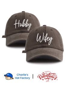 2 Pcs HUBBY WIFEY Print Washed Baseball Cap, Classic Casual Stylish Vintage Soft Sweatband Adjustable Size Lightweight Sun Protection Versatile Vintage Dad Hat, Suitable For Outdoor Sports Daily Wear Party Vacation Perfect Valentine's Day Gift For Parents Grandparents Couples
