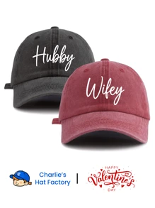 2 Pcs HUBBY WIFEY Print Washed Baseball Cap, Classic Casual Stylish Vintage Soft Sweatband Adjustable Size Lightweight Sun Protection Versatile Vintage Dad Hat, Suitable For Outdoor Sports Daily Wear Party Vacation Perfect Valentine's Day Gift For Parents Grandparents Couples